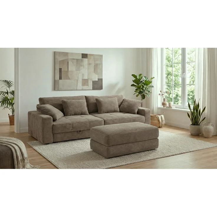 Polsterhocker 124x60 cm Federkern Sitzbank Designerhocker in Cord Braun Taupe – Bild 4