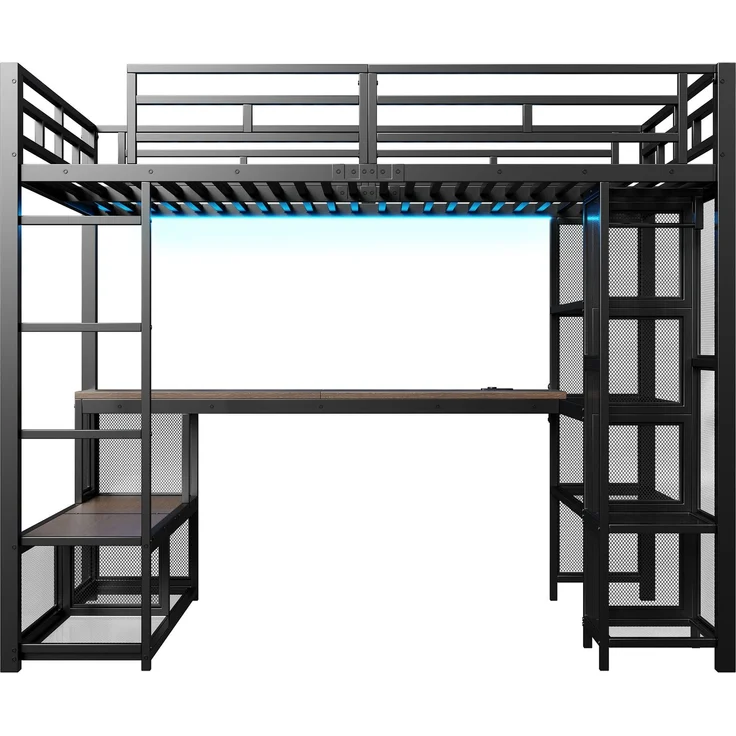 U-life Metall-Hochbett 140x200 cm mit Schreibtisch, offenem Kleiderschrank, USB-Ladestation und LED-Beleuchtung, Schwarz – Bild 2