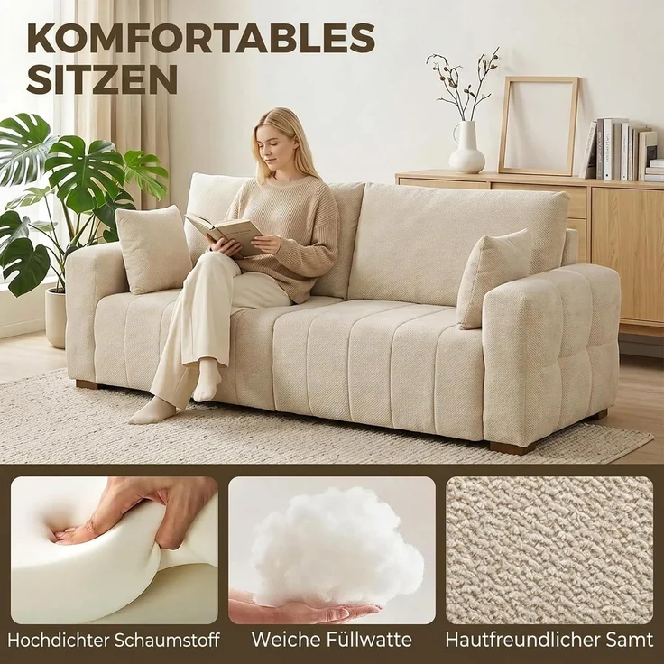 HOMCOM 3-Sitzer-Sofa, Samt (100 % Polyester), Cremeweiß, 220 x 86 x 84 cm – Bild 5