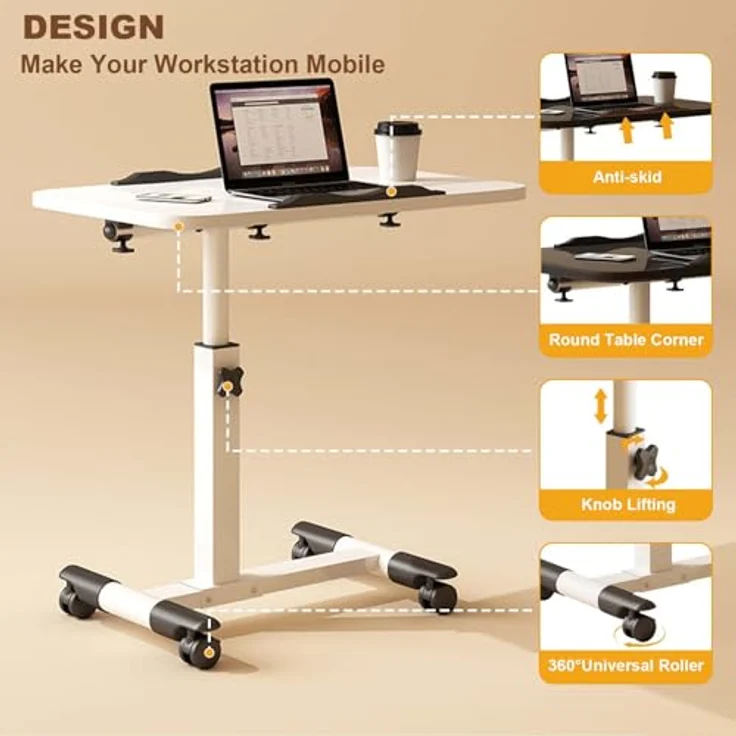 GarveeLife Höhenverstellbarer Laptop Tisch Mit Rollen Klappbarer Computertisch Für Bett & Sofa Neigbare Tischplatte Tragbarer Schreibtisch Für Büro & Zuhause – Weiß – Bild 5