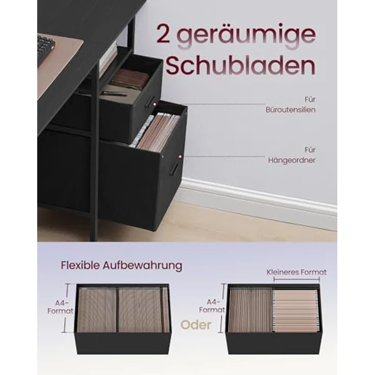 VASAGLE Gaming-Schreibtisch, mit Schubladen aus Stoff, Computertisch mit Bildschirmhalterung, Mehrfachsteckdose, 2 USB-Anschlüsse, für Heimbüro, 120x60 cm, Schwarz Holz LWD093B01V1 – Bild 4