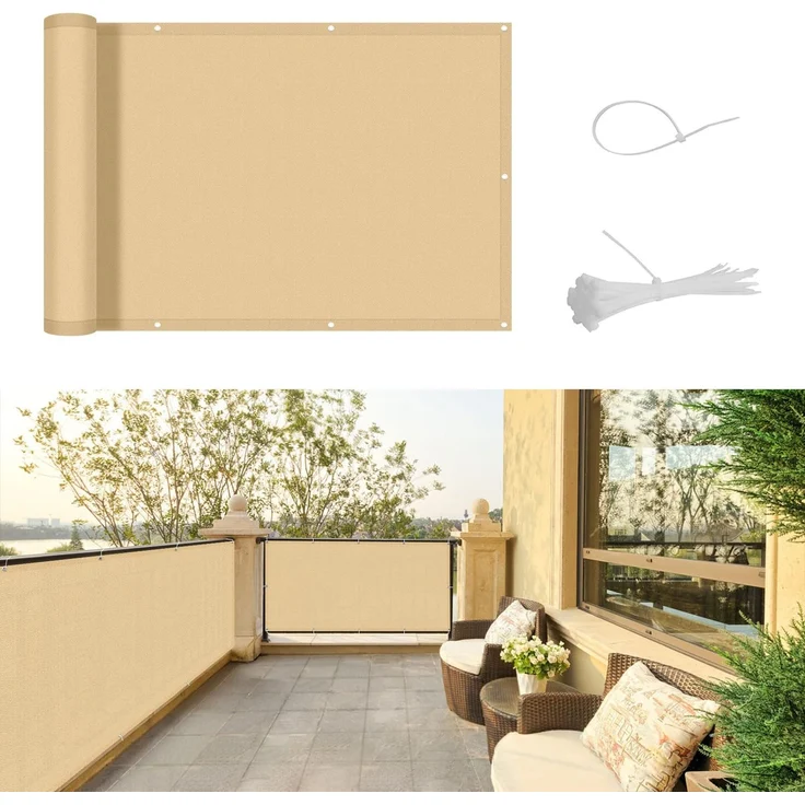 SUNNY GUARD Benutzerdefinierte Balkon Sichtschutz Wetterfest 60x900 cm Balkonverkleidung Balkonabdeckung Balkonumspannung UV-Schutz Windschutz mit Kabelbinder,Sand
