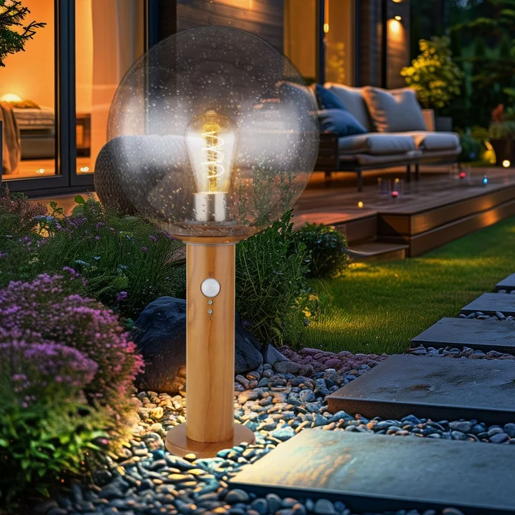 LED Sockellampe, Glaskugel, Holzoptik, Bewegungsmelder, H 38 cm – Bild 3