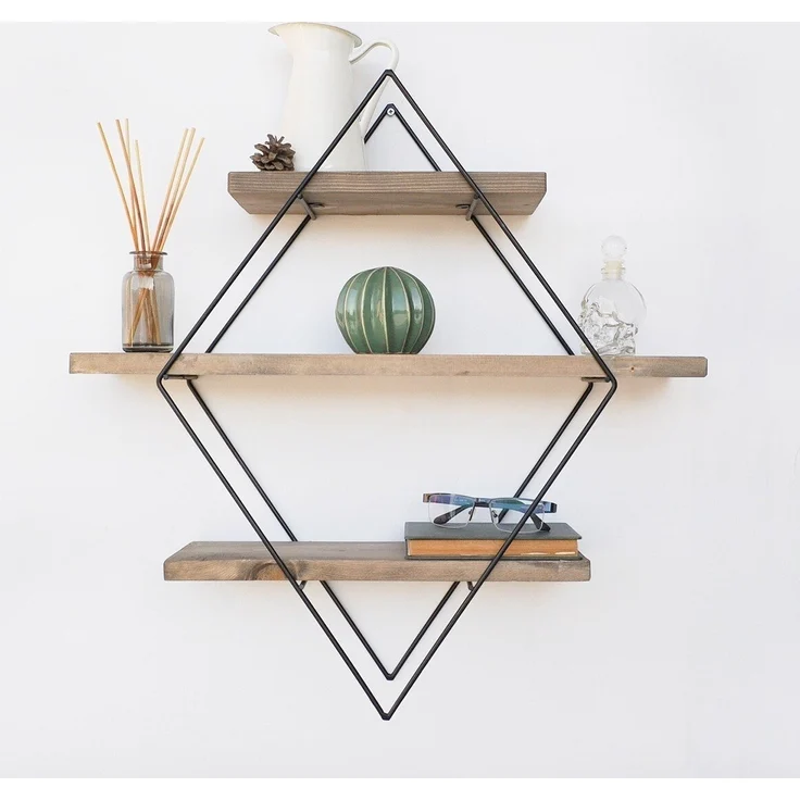 Calicosy Rautenförmiges Wandregal aus schwarzem Metall und Massivholz L60 cm - Holz – Bild 3