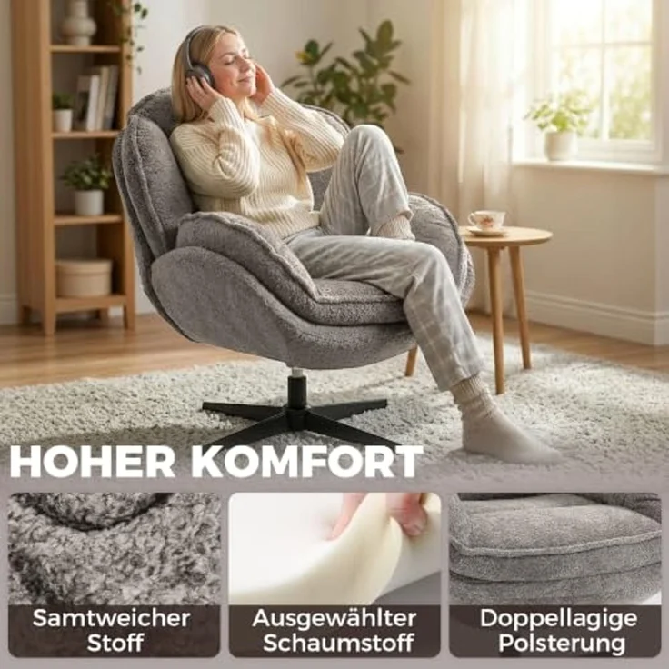 HOMCOM Relaxsessel Polstersessel bequem für Wohnzimmer, Schlafzimmer, Grau (Sessel, 1-St, Loungesessel), Wingback, 360° Drehung, Samt – Bild 5