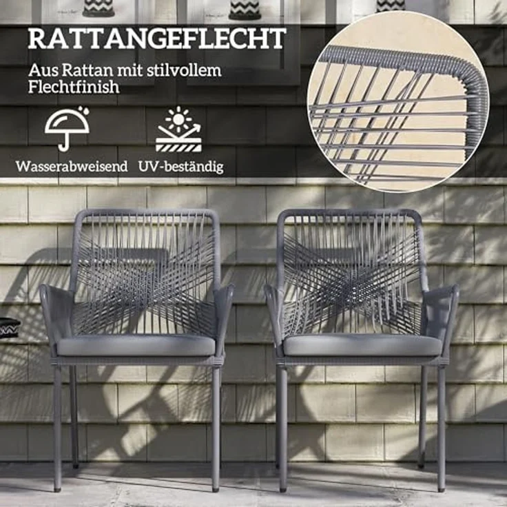 Outsunny Rattanstuhl 2er Set, mit Armlehne, Rückenlehne, abnehmbar Sitzkissen (Gartenstuhl aus Rattan, 2 St), Rattanstuhl für Garten, Balkon, Terrasse, Dunkelgrau – Bild 5