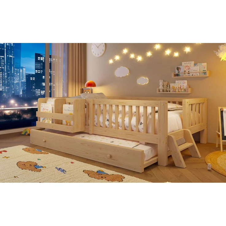ZUBALIYA Holzbett 90 x 200 cm – Ausziehbett, flexible Montage, Geländer, MDF, Kiefer, Holzfarbe – Bild 9