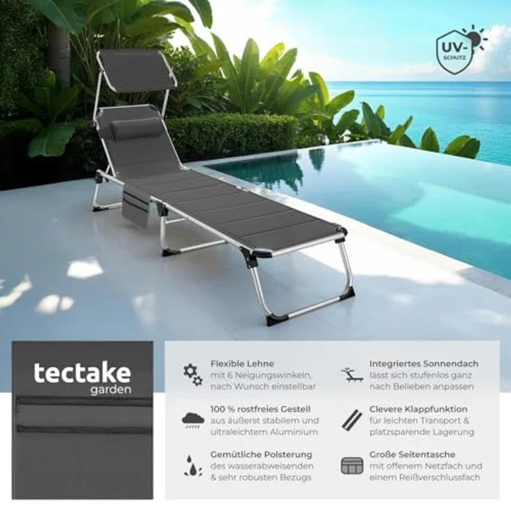 tectake Gartenliege Sonnenliege, 1, 1 St, 1tlg, gepolstert, klappbar – Bild 3