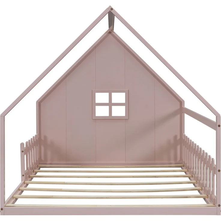 Kinderbett Hausbett 140x200 cm mit Geländer,Montessori Holzbett aus Kiefernholz, Kinder Haus-Bett mit Dachrahmen,Rosa – Bild 9