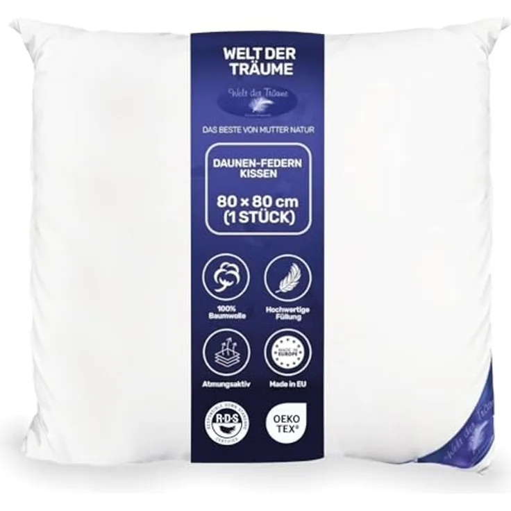 Welt der Träume Dreikammerkissen, Füllung Innen: neue Gänsefedern (1200 gr) / Füllung außen: neue Gänsedaunen (200 gr), Füllgewicht: 1400 Gramm, Farbe: weiß, Größe: 80x80 cm, Öko-Tex Zertifiziert
