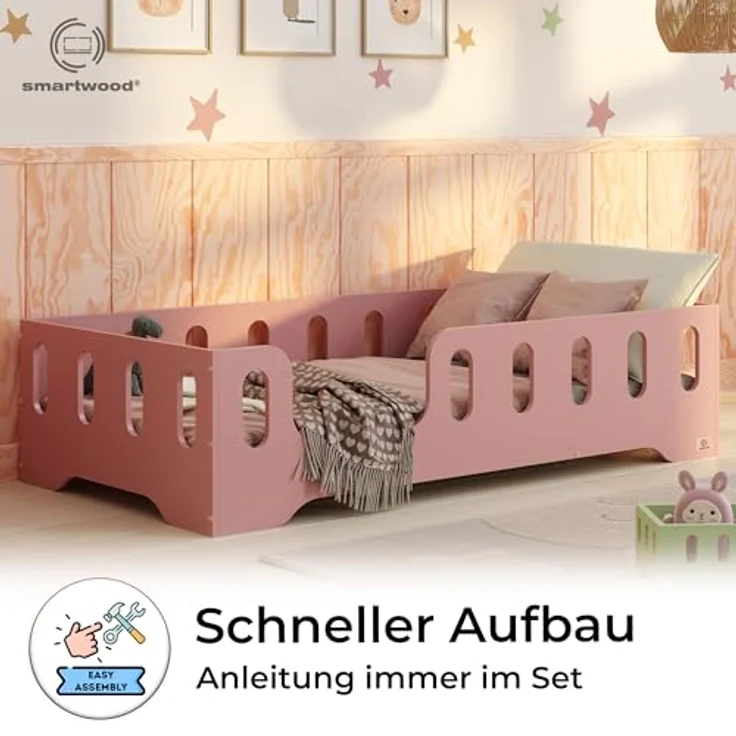 smartwood Kinderbett Bodenbett 80x180 mit Rausfallschutz & Lattenrost - Rosa - Kinder Montessori Bett TILA 2L mit glatten Kanten - Betten für schnelle Montage - Bis 230 kg belastbar – Bild 5
