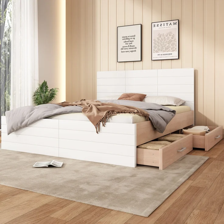 Holzbett 160x200 cm mit Lattenrost, 2 Schubladen & Matratze, 207x165x80 cm, Weiß/Eiche – Bild 3