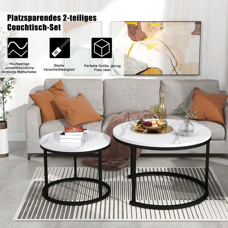 2er Set Runder Couchtisch Weiß-Marmor, Nesting Beistelltisch Wohnzimmer, Moderner Sofatisch aus MDF – Bild 5