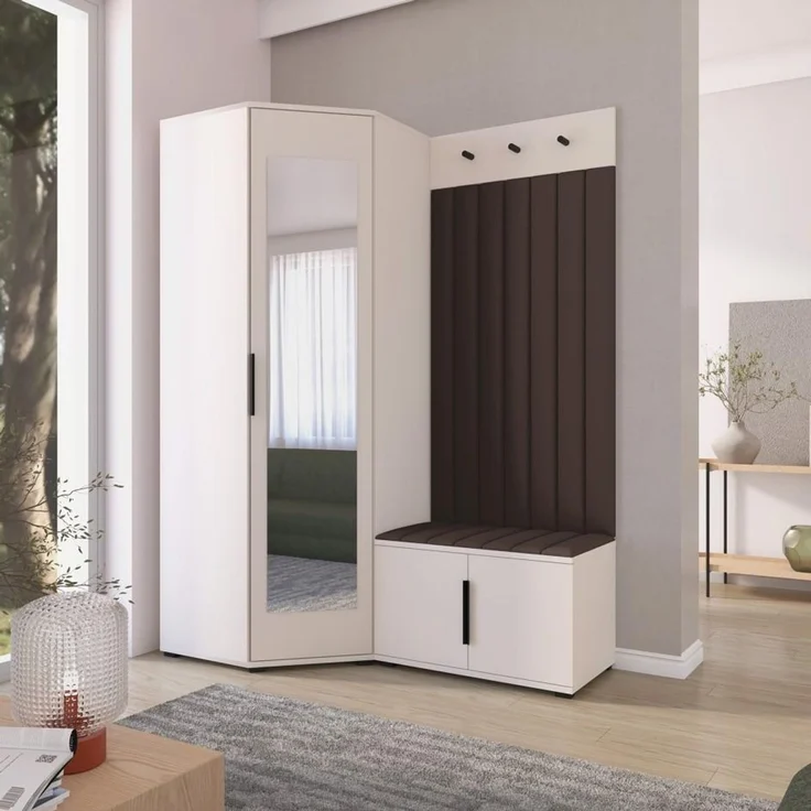 Garderoben-Set Napoli Version 21: Eckschrank mit Polsterpaneelen, Schuhschrank Flur und Eingangsbereich (Cashmere/Trinity 08), 189 x 70 x 140 cm – Bild 7