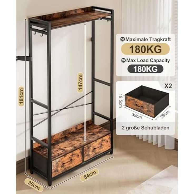 Yorbay Kleiderständer Garderobenständer mit 2 Schubladen & Aufbewahrungsbox,84x30x181 cm, 180kg Traglast,Retro Design für Schlafzimmer, Flur – Bild 2