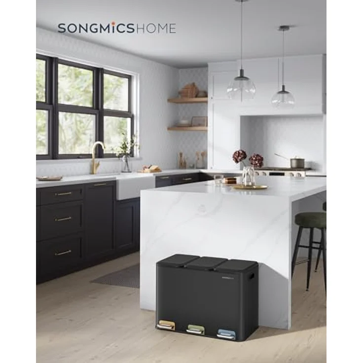 SONGMICS HOME Mülleimer Küche, 3x15 L Fächer, Abfalleimer mit farbcodierbaren Pedalen, Mülltrennsystem, mit Deckeln und Inneneimern, Stahl, tintenschwarz LTB740B02V1 – Bild 3