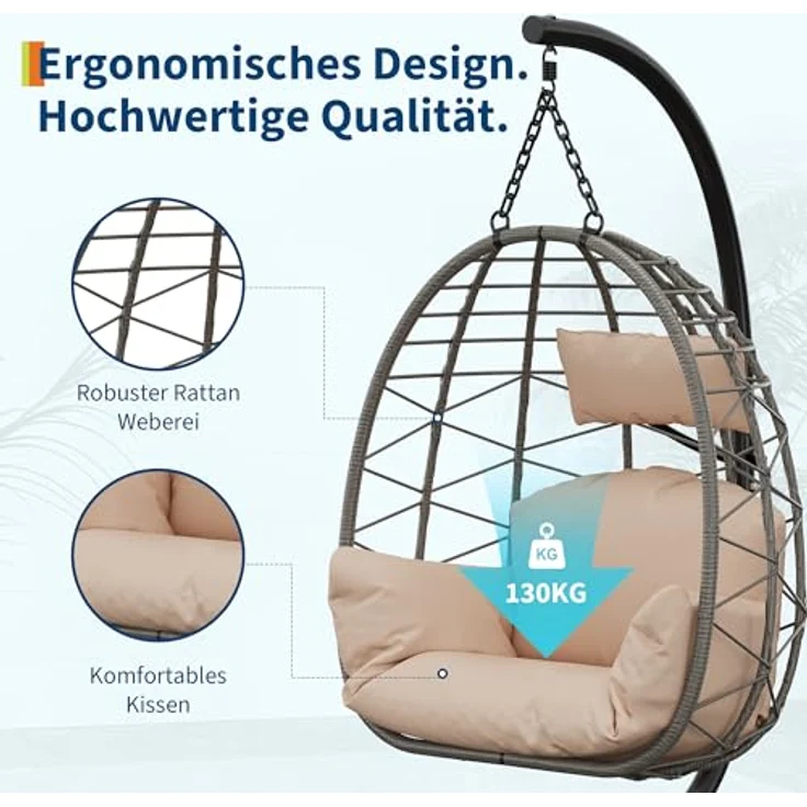 Hängesessel mit Gestell Outdoor bis 150 kg belastbar, Rattan Hängesessel mit Metallgestell, ideal als Hängesitz Indoor mit Gestell für Garten, Terrasse & Balkon Beige – Bild 5