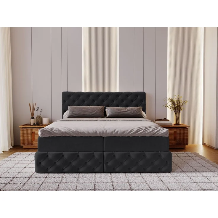 GRAINGOLD Canolo Doppelbett 180x200, Boxspringbett mit zwei Bettkästen, Glamour Stil, Velour-Stoff, Schwarz – Bild 3