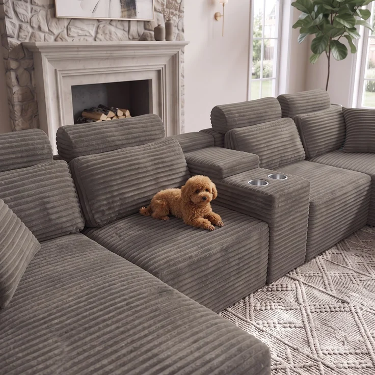 ZUBALIYA Boneless Compression Sofa, U-förmiges modulares Sofa mit integrierten Becherhaltern, Khaki, 372 x 151 x 80 cm – Bild 8