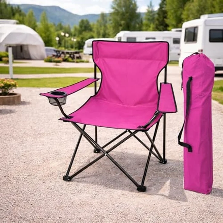 Anglersessel Campingstuhl mit Getränkehalter Outdoorstuhl Tasche Pink – Bild 1