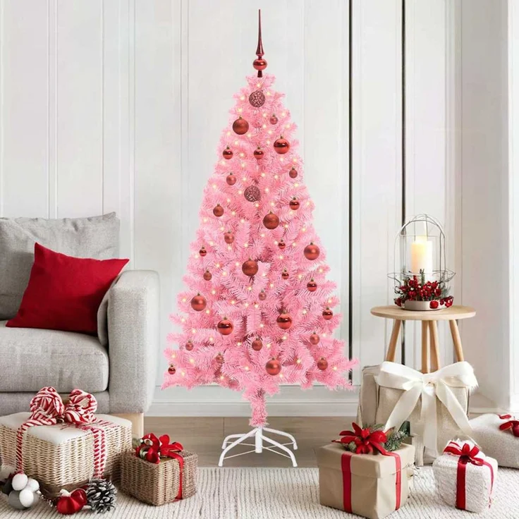 vidaXL Weihnachtsbaum mit LED-Beleuchtung Rosa 150 cm PVC und Stahl 3396416 – Bild 1