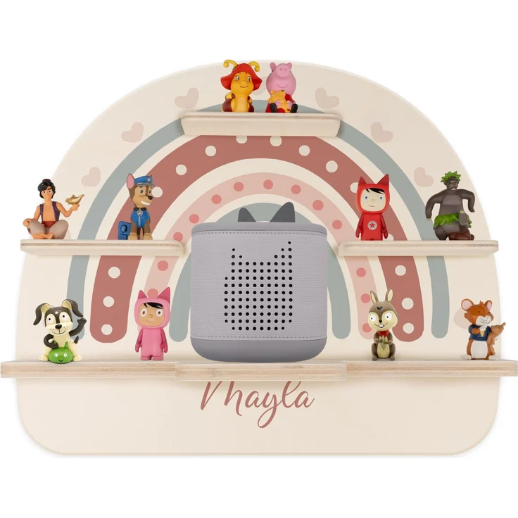 Kidsmood - Tonie Regal mit Namen – Wandregal für Toniebox 2 & Figuren | Abgerundete Ecken & Kanten Inkl. Metallplättchen für Tonie Hörfiguren | Kinderzimmer Regal für Mädchen & Jungen