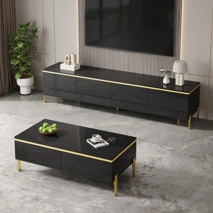 EINHOM Modernes Luxus-TV-Schrank- und Couchtisch-Set, Hochglänzende Oberfläche in Unifarbe, Goldene Kanten, Großzügiger Stauraum – Bild 7