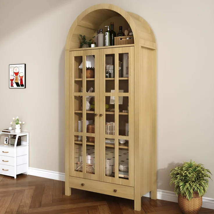 Moderner bogenförmiger Standhochschrank mit mehreren Regalebenen & Schublade – Multifunktionale Vitrine & Regalschrank mit höhenverstellbaren Einlegeböden für Wohnzimmer, Arbeitszimmer und Esszimmer--Natürlich--75x35x170.5cm--YOUDENOVA – Bild 4