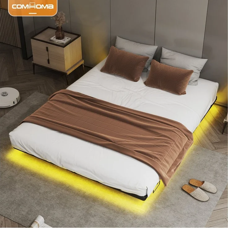 COMHOMA Bettgestell Bettrahmen Metallbett Gästebett aus Metall mit LED & Steckdosen (stabile Konstruktion), 90/120/135/140/150/160/180x200, App & Fernbedienung – Bild 1