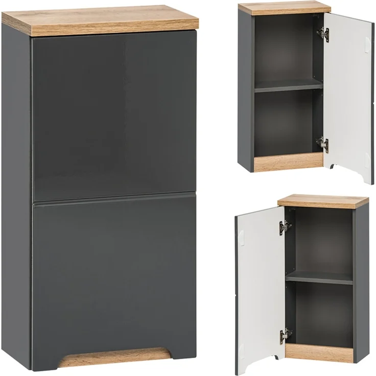 Badezimmer Hängeschrank SOLNA-56, Hochglanz grau mit Wotaneiche, B x H x T ca. 35 x 70 x 20cm – Bild 1