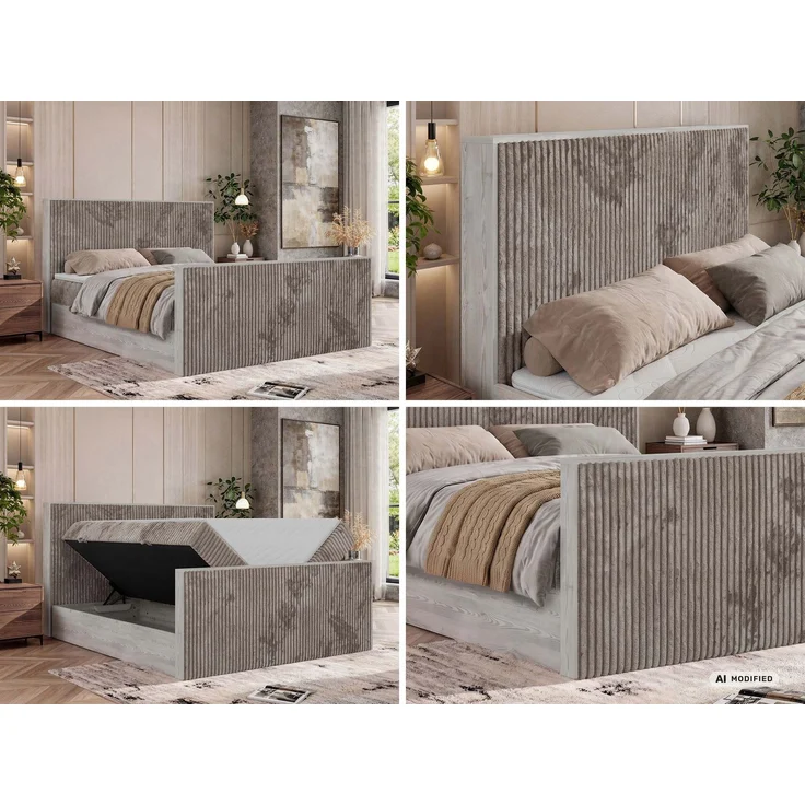 Boxspringbett NORDIC DUO 140 x 200 cm mit Matratze H4, hohe Kopfteil Doppelbett inkl. Topper Visco Holzoptik zwei Bettkästen - Hellbraun Cord – Bild 2