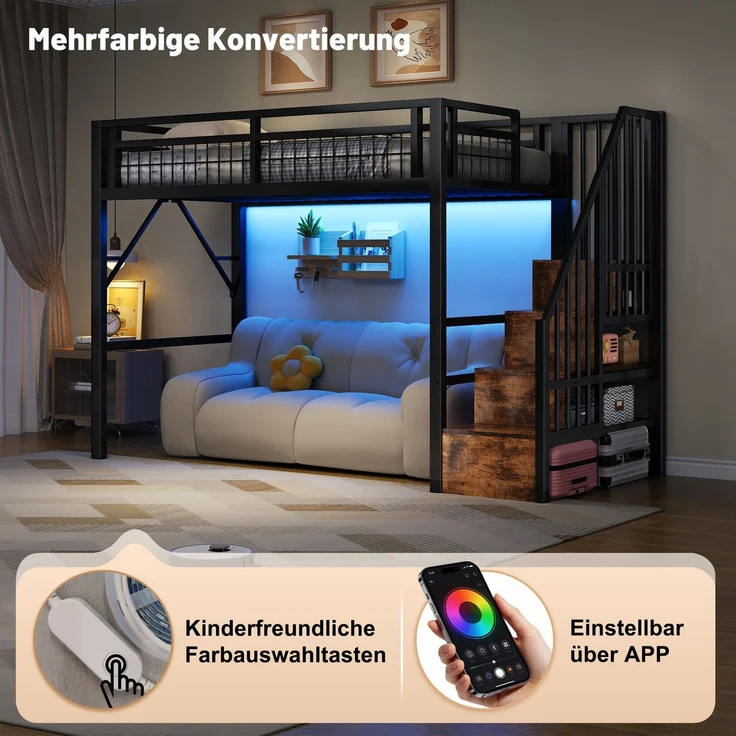 Hochbett mit RGB LED-Streifen, Lattenrost, Treppe, Regal, Rausfallschutz, 90x200cm, Kinderbett, Metallbett, Jugendbett – Bild 4