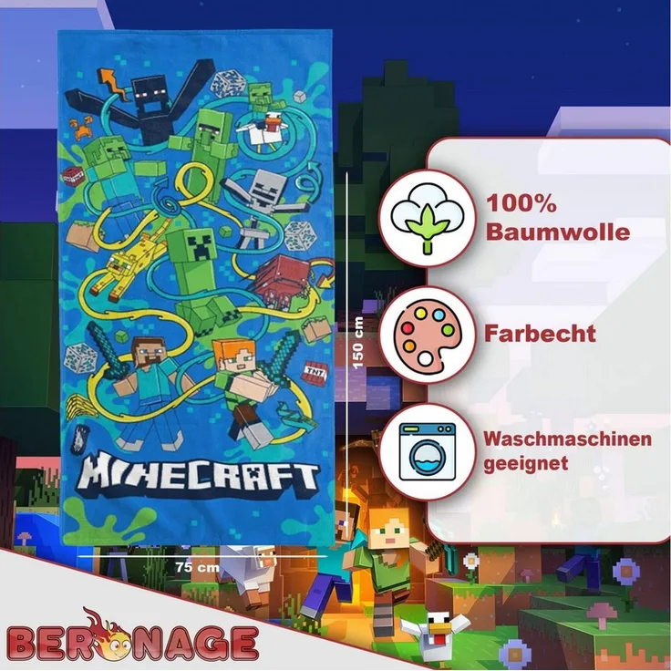 BERONAGE Strandtuch Minecraft Badetuch Slurp 75x150 cm Strandtuch Handtuch, (1-St), Frottee in Velours-Qualität