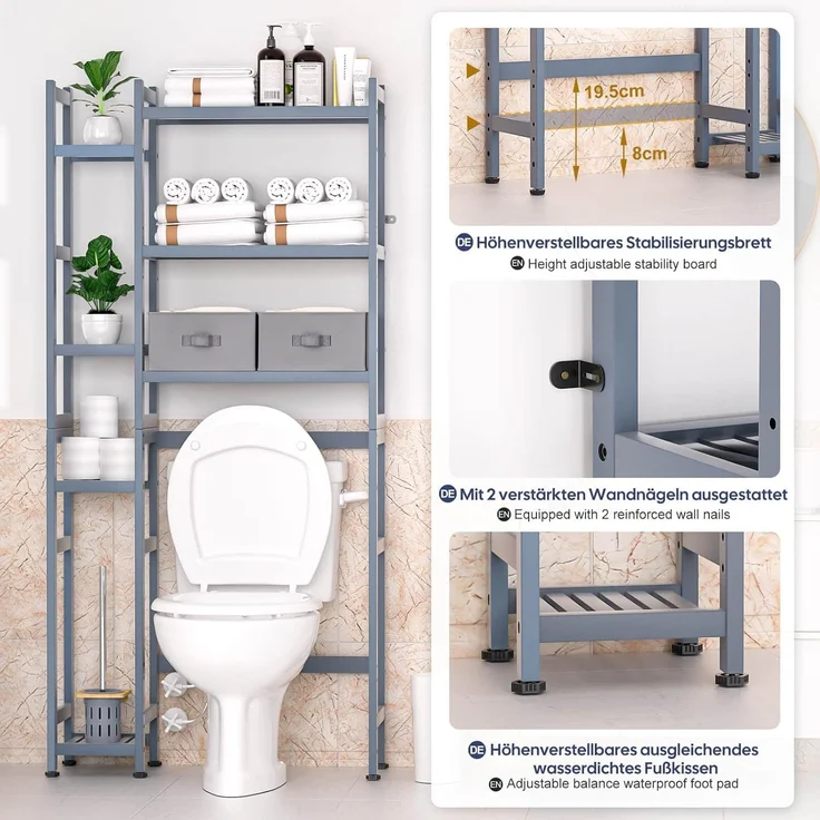 Yorbay Badregal Toilettenregal aus Bambus, Weiß WC Regal Badregal 79x23,3x166 cm, mit 2 Körben, mi 7 Ablagen, Multifunktional, Badezimmerregal, Verstellbar Badregal – Bild 5