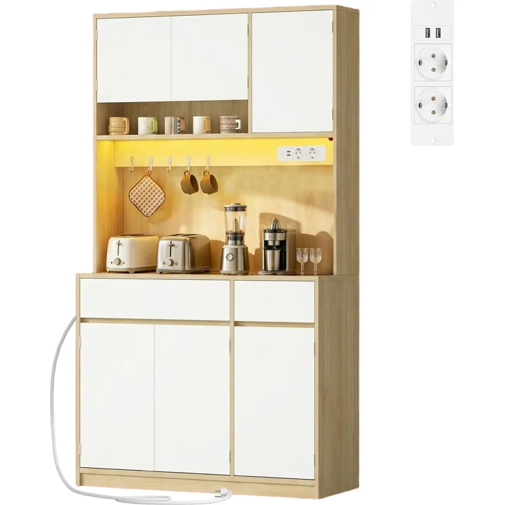 Halupeit Weißes Sideboard in Holzoptik mit LED-Ambientebeleuchtung, Doppelschubladenschrank für Küche/Wohnzimmer, 40,5 × 100,5 × 180,5 cm – Bild 2