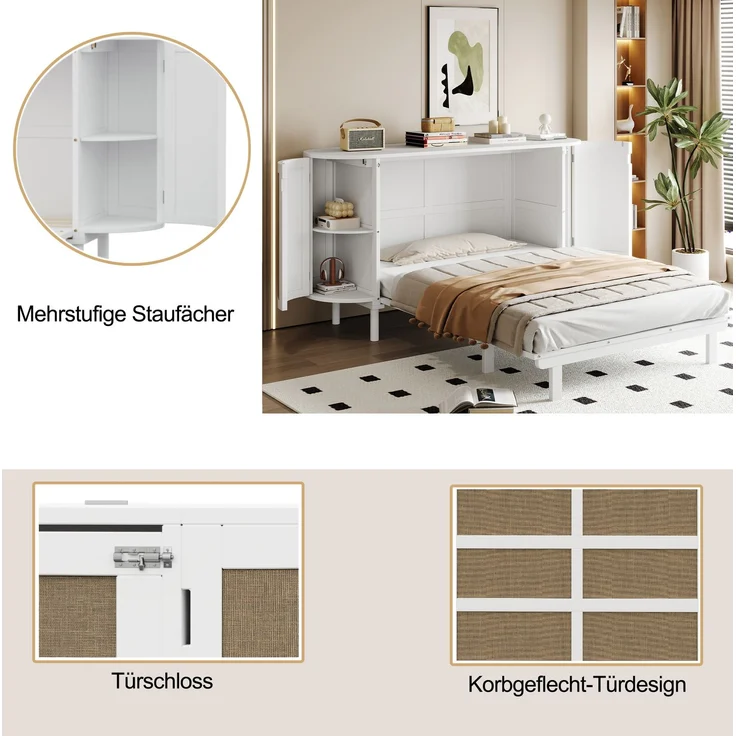 Schrankbett 140x200 cm, vertikales Wandklappbett aus Holz in Weiß mit Rattan-Optik und Staufächern – Bild 3
