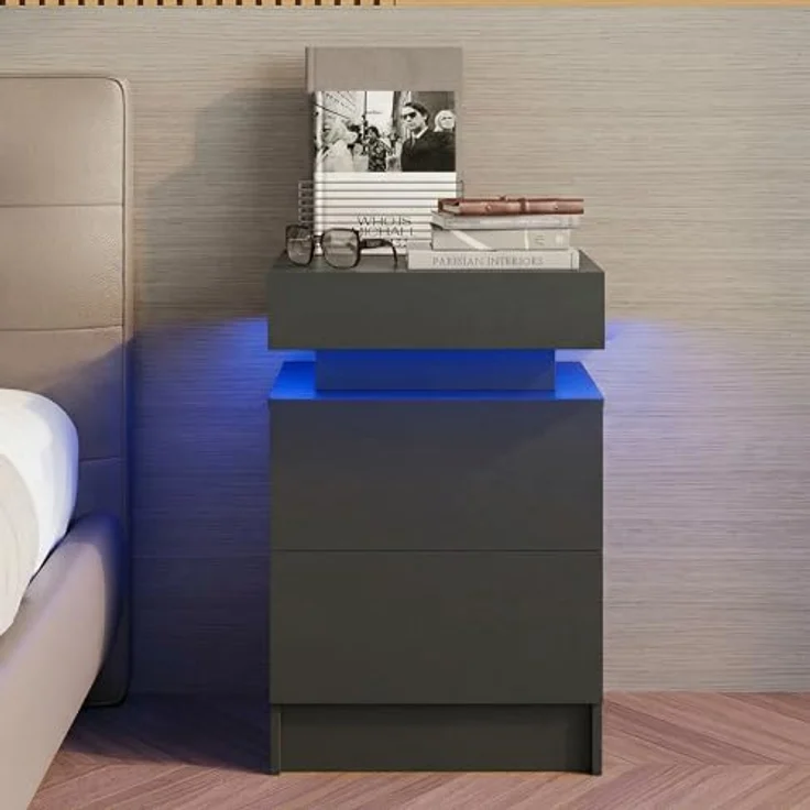 IRONCK Nachttisch 2er Set mit LED-Lichtern & 2 AC-Steckdose, Beistelltisch mit USB+Typ-C Anschlussen, Nachtschrank mit 2 Schubladen, Sofatisch für Schlafzimmer, Wohnzimmer, Grau – Bild 3