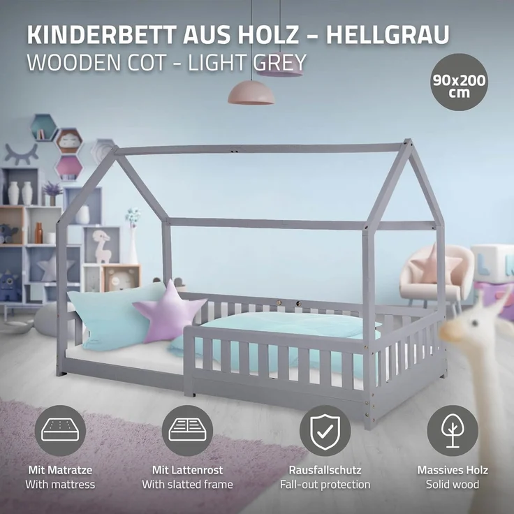 ML-DESIGN Kinderbett Hausbett Spielbett inkl. Lattenrost kreativ Bodenbett für Kinder, Abenteuerbett mit Rausfallschutz Spielbett Kiefer Hellgrau Himmelbett – Bild 3