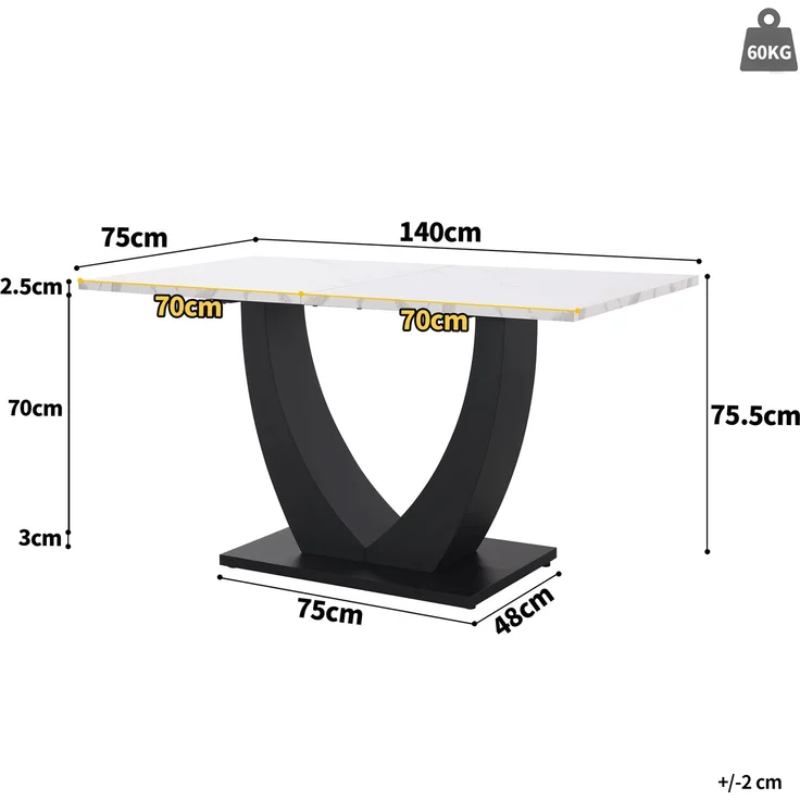 140 x 75.5cm Esstisch,(1-St), moderner Küchentisch, Gestell aus Metall Rechteckiger Esstisch aus Moderner Marmormuster Küchentisch mit verstellbaren Füßen für Esszimmer Wohnzimmer, Weiß/Schwarz – Bild 4