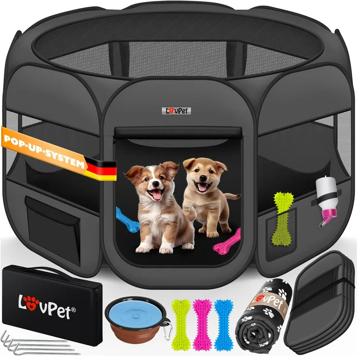 LOVPET® Welpenlaufstall Tierlaufstall Faltbar für Kleintiere Hunde, Katzen Inkl. Hundenapf Hundelaufstall Freigehege Oxfordgewebe Pop-up System Indoor & Outdoor Anthrazit / Schwarz