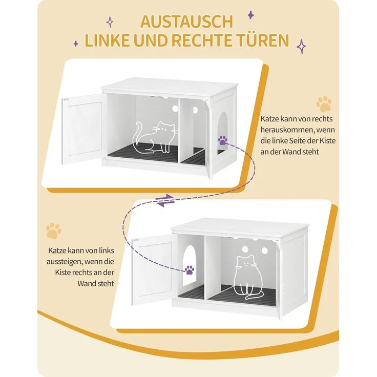 Katzenklo Schrank, Katzenschrank, Katzentoilette mit Herausnehmbarer Trennwand, Katzenhaus, Umkehrbarer Eingang Links oder Rechts, als Sideboard, 80 x 50 x 54 cm, Weiß – Bild 7