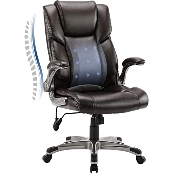 COLAMY Bürostuhl Ergonomisch, Chefsessel mit Hoher Rückenlehne, Schreibtischstuhl Lederstuhl mit Gepolsterten Klapparmlehnen, Verstellbarer Neigungsverschluss, Drehstuhl für Erwachsene, Braun – Bild 2