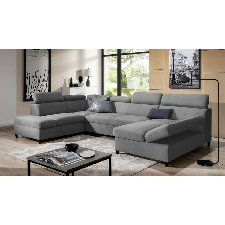 Wohnlandschaft Schlafsofa Sofa ANTON in Stoff Esito Grau Ottomane Rechts