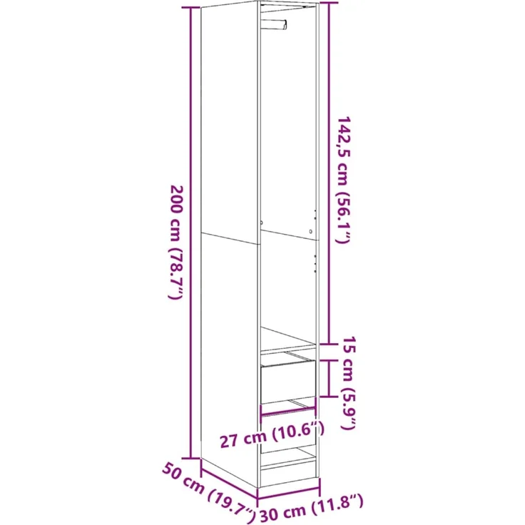 vidaXL Kleiderschrank Grau Sonoma 30x50x200 cm Holzwerkstoff 3307743 – Bild 10