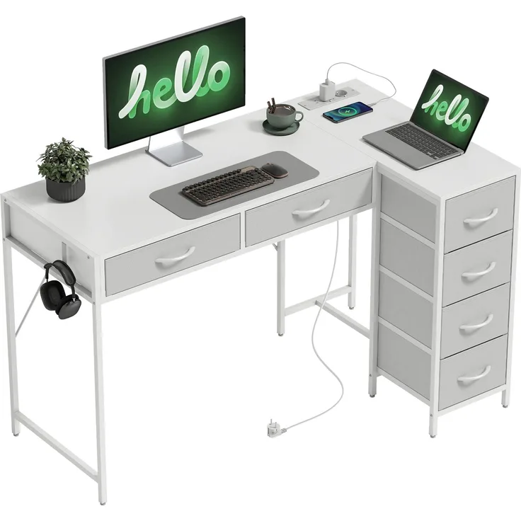 JARDJ Wendbarer Eckschreibtisch mit 6 Schubladen (126 x 48 cm), Steckdose, USB- und USB-C-Ladeanschluss, Weiß