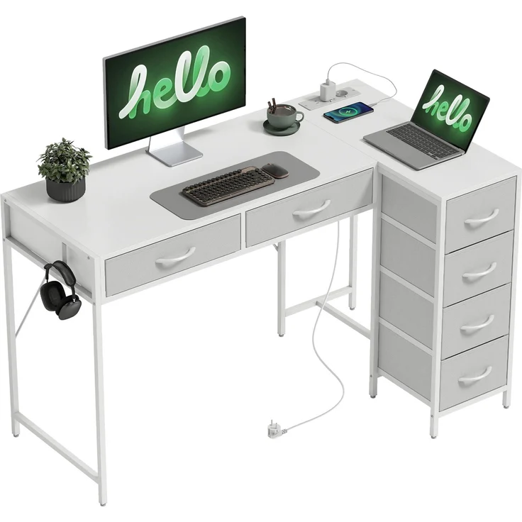 JARDJ Wendbarer Eckschreibtisch mit 6 Schubladen (126 x 48 cm), Steckdose, USB- und USB-C-Ladeanschluss, Weiß – Bild 1