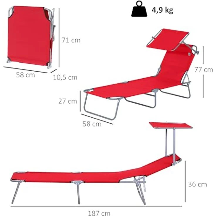 Outsunny Sonnenliege Gartenliege Wellnessliege Strandliege klappbar mit Sonnenschutz Rot 187 x 58 x 36 cm – Bild 4