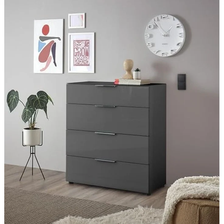 HBZ Kommode Santorin Mehrzweckschrank mit Schubkästen, BxHxT 90x99x40 cm (1 St), Mit 4 Schubkästen mit Softclose, Glasfront und Glasoberboden – Bild 6