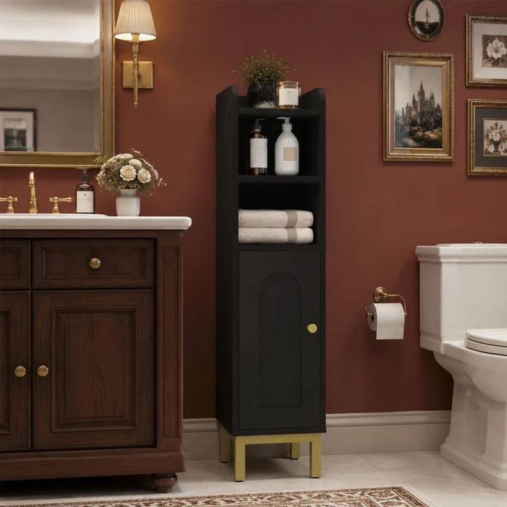 Halupeit Schmaler Seitenschrank für die Toilette, kleiner Badezimmerschrank, verstellbare Regalböden, platzsparender Bodenschrank, speziell für kleine Wohnungen, einfach zu montieren, 20,5 * 20,5* 83,5 cm, Schwarz – Bild 1