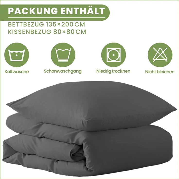 Julido Jersey Bettwäsche 155x220 80x80 Baumwolle Set Druckknopf weich Anthrazit – Bild 7